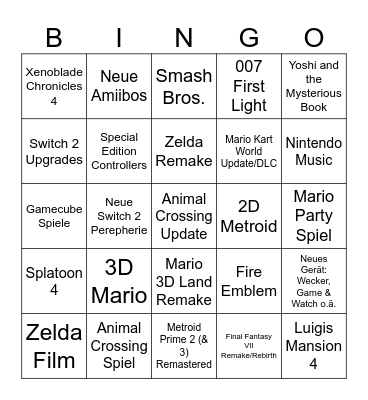 Erste Nintendo Direct 2026 Bingo Card