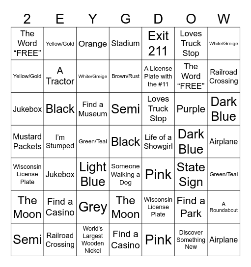 Road Trip Bingo 2026 Bingo Card