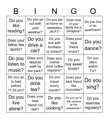 Present Simple Bingo Card