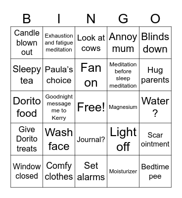 Bedtime Self Care Bingo Card