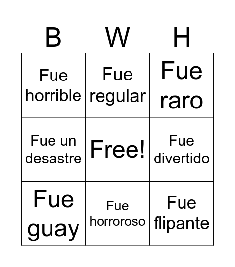 Spanish Expressions Bingo Card