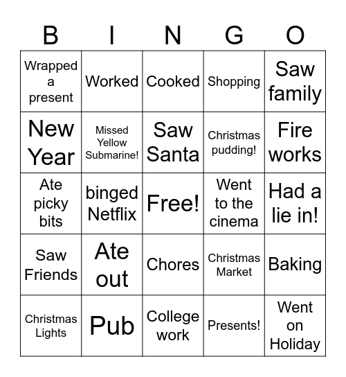 What we did at Christmas Bingo Card