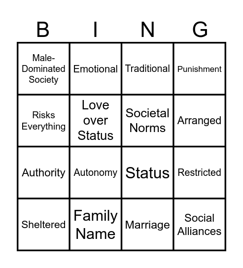 Romeo & Juliet Bingo Card