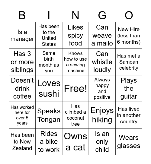 Paradise Restaurant Human Bingo Card