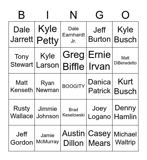 NASCAR Bingo Card