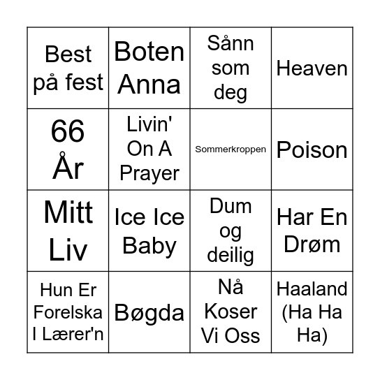 Musikkbingo Card