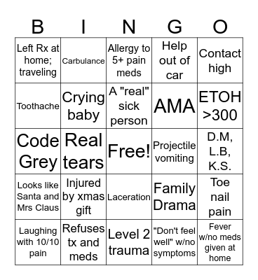 ER Bingo Card