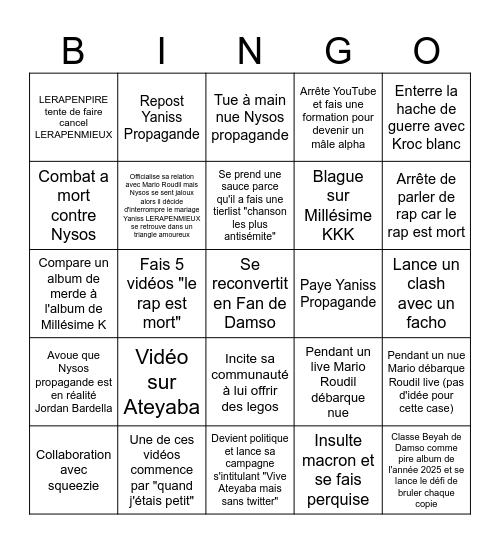 BINGO YANISS LERAPENMIEUX Bingo Card