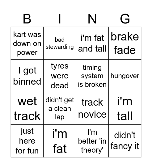 karting Bingo Card