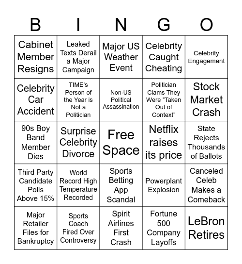 2026 Bingo Card Bingo Card