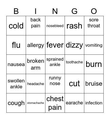 Health Vocabulary Bingo Card