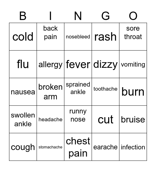 Health Vocabulary Bingo Card