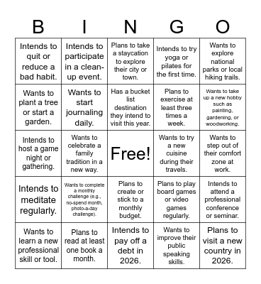 2026 New Year Intention Edition Bingo Card