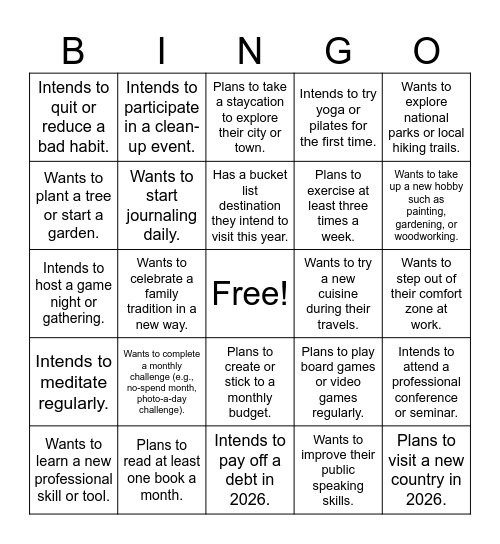 2026 New Year Intention Edition Bingo Card