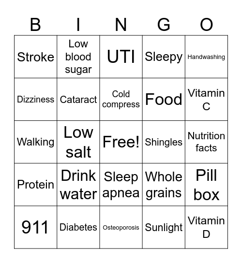 Healthy Living Bingo Card