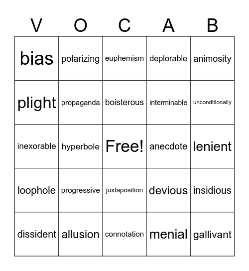 English II Vocabulary Bingo Card