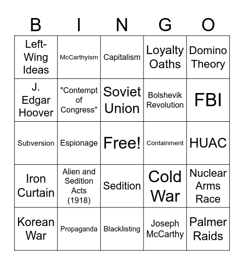 Red Scare Bingo Card