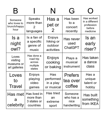 Getting to Know Each Other Bingo Card