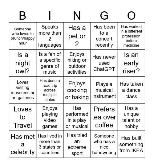 Getting to Know Each Other Bingo Card