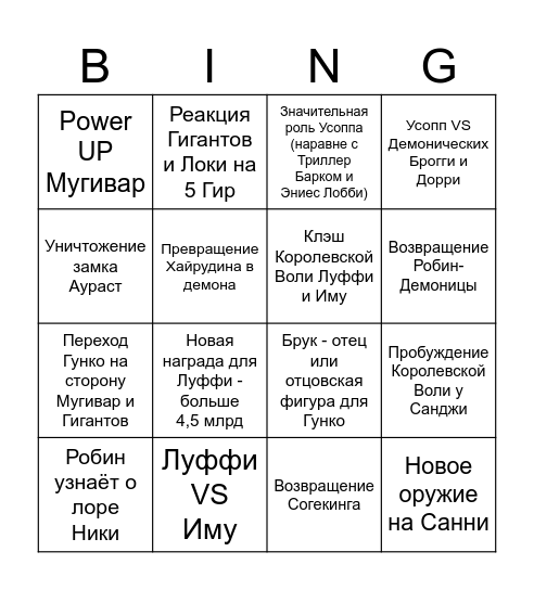 End of Elbaf Bingo Card