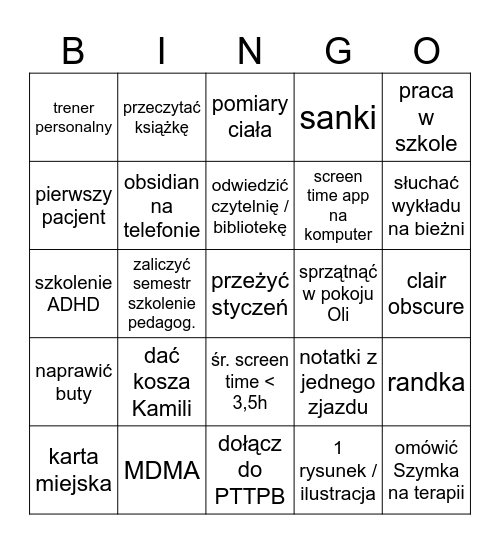 Styczeń 2026 Bingo Card