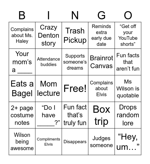 Ms. Wilson Bingo Card