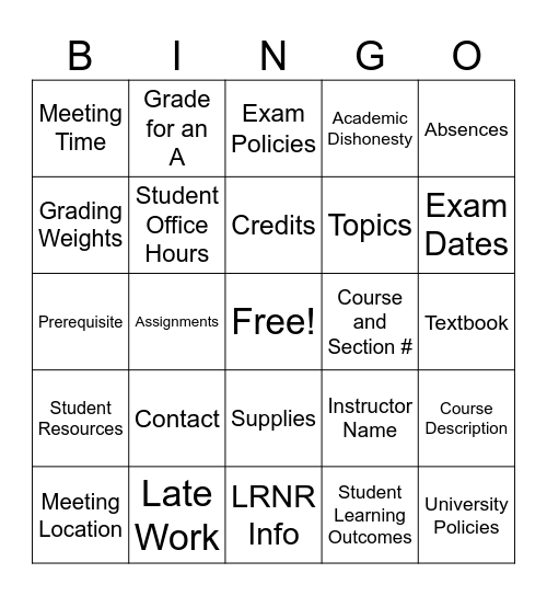 Syllabus Bingo Card