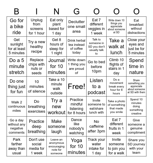 Wellness Challenge Bingo Card