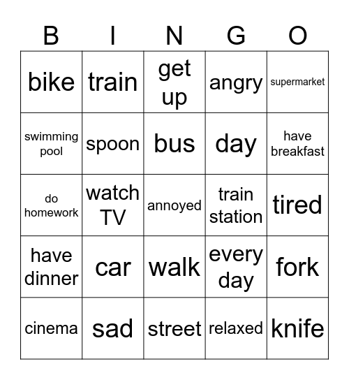 English vocabulary Bingo Card