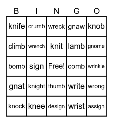 SILENT LETTERS Bingo Card
