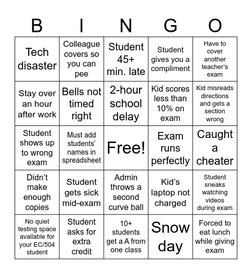 Exam Week Bingo: Teacher Edition Bingo Card