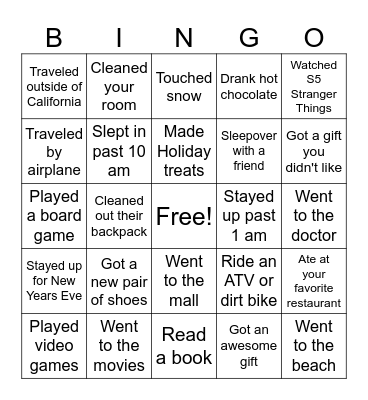Winter Break Bingo Card