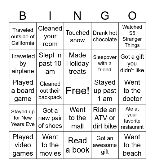 Winter Break Bingo Card
