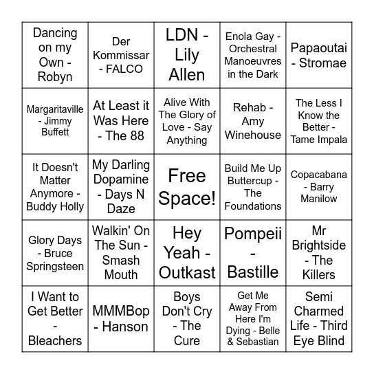 Queer Music Bingo Card