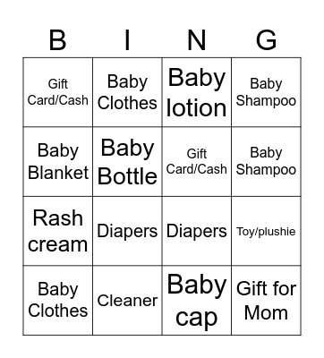 Baby Shower Gifts Bingo Card