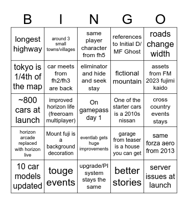 Forza Horizon 6 Bingo Card
