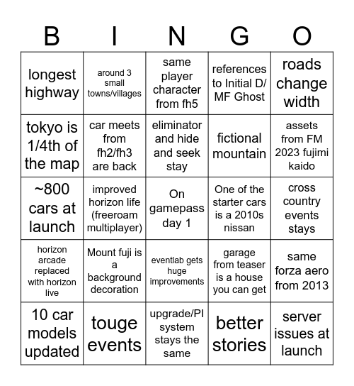 Forza Horizon 6 Bingo Card