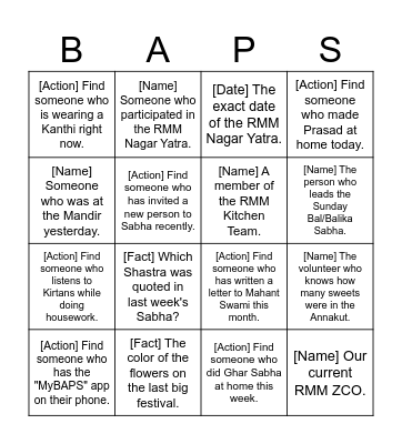 Ruislip BAPS Mandir Bingo Card