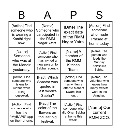 Ruislip BAPS Mandir Bingo Card