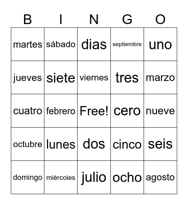 Numbers, months, and days in Spanish Bingo Card