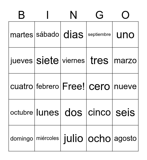 Numbers, months, and days in Spanish Bingo Card