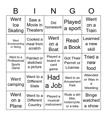 Winter Break Bingo Card