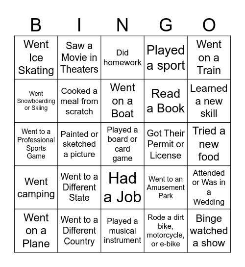 Winter Break Bingo Card