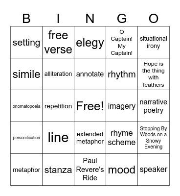 Poetry Terms Bingo Card