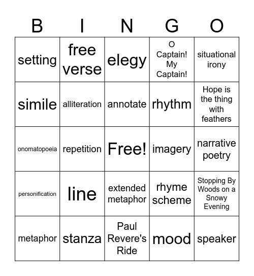 Poetry Terms Bingo Card