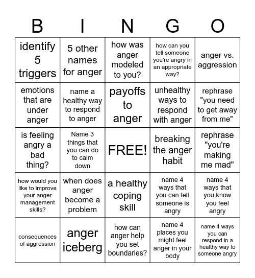 Anger Management Bingo Card
