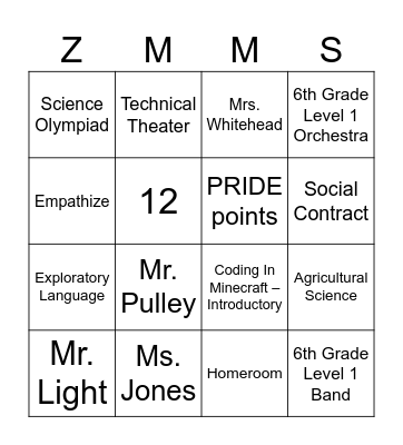 Zebulon Magnet Middle School Welcome Event Bingo Card