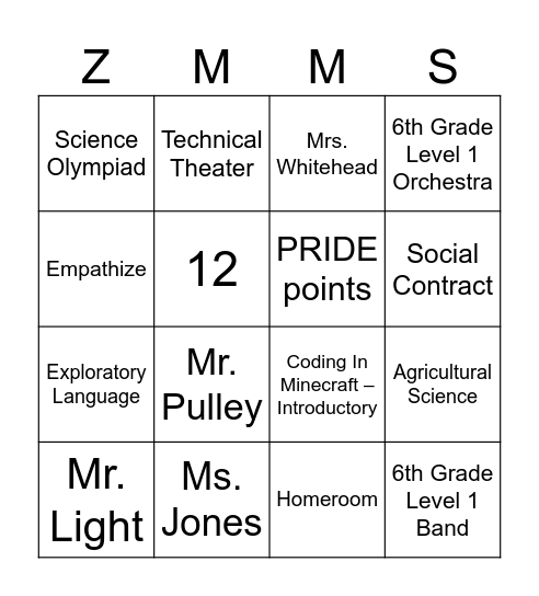 Zebulon Magnet Middle School Welcome Event Bingo Card