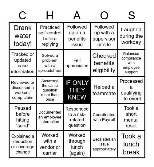 Organized Chaos Bingo Card