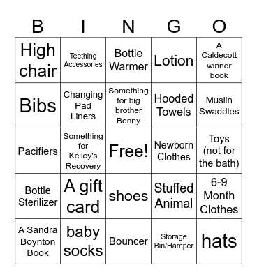 Kelley's Baby Shower Bingo Card